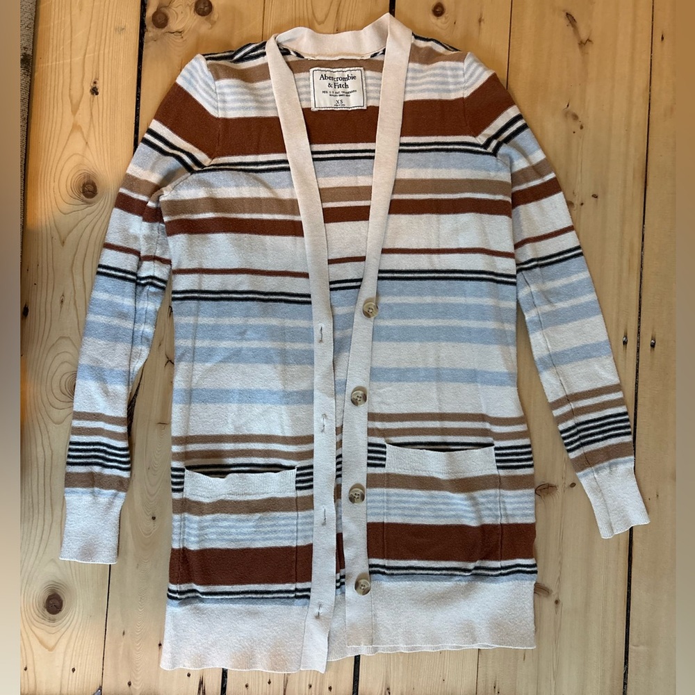 Abercrombie & Fitch Striped Long Cardigan in Brown, Light Blue & Cream